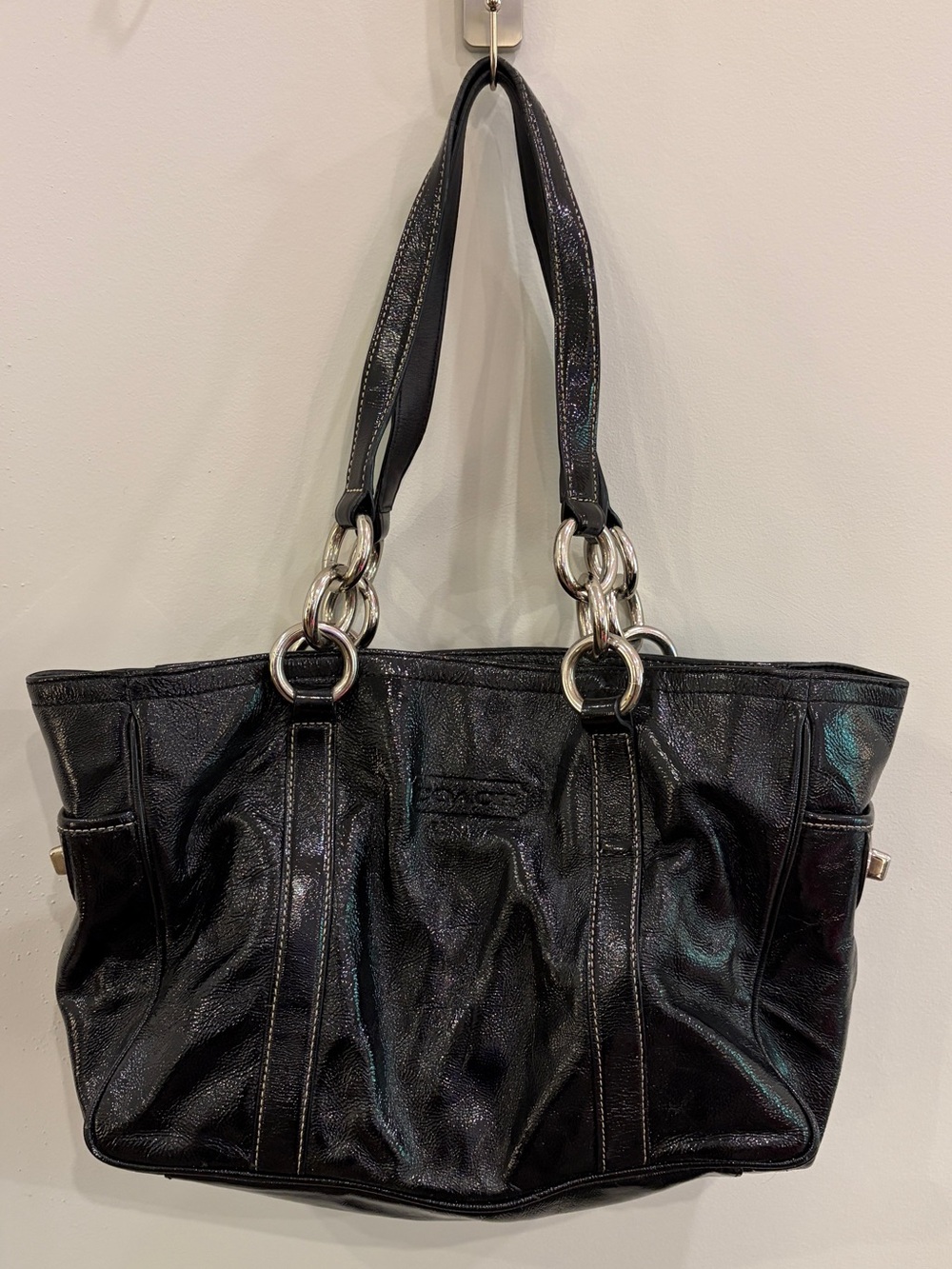 Coach Black Leather Shoulder Tote with Silver Ring Hardware